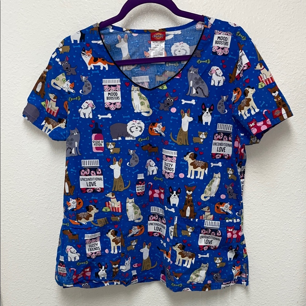 Dickies Blue Scrub Top Women’s Large Animals Dogs Cats Unconditional Love
